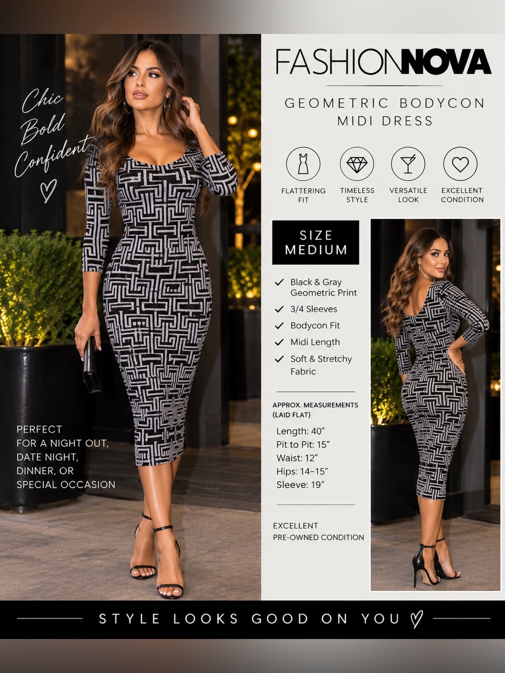 Fashion Nova Geometric Bodycon Midi Dress Black Gray Medium Stretch